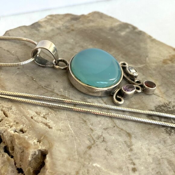 Sterling Silver 925 Chalcedony Amethyst Garnet Iolite Pendant Necklace 20" Chain - Picture 6 of 16